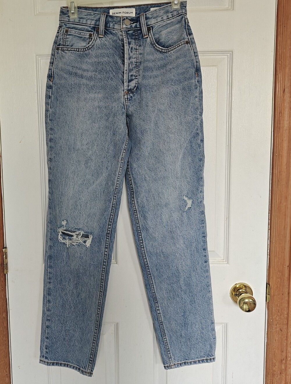 Denim Forum Light Blue High-Rise Distressed Straight Jeans, Size 24, 💯% Cotton